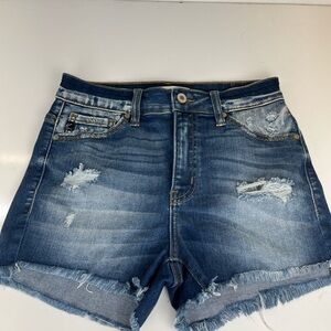 Kancan Distressed Jean Shorts Womens Sz‎ S Medium Wash Blue Denim Frayed Raw Hem